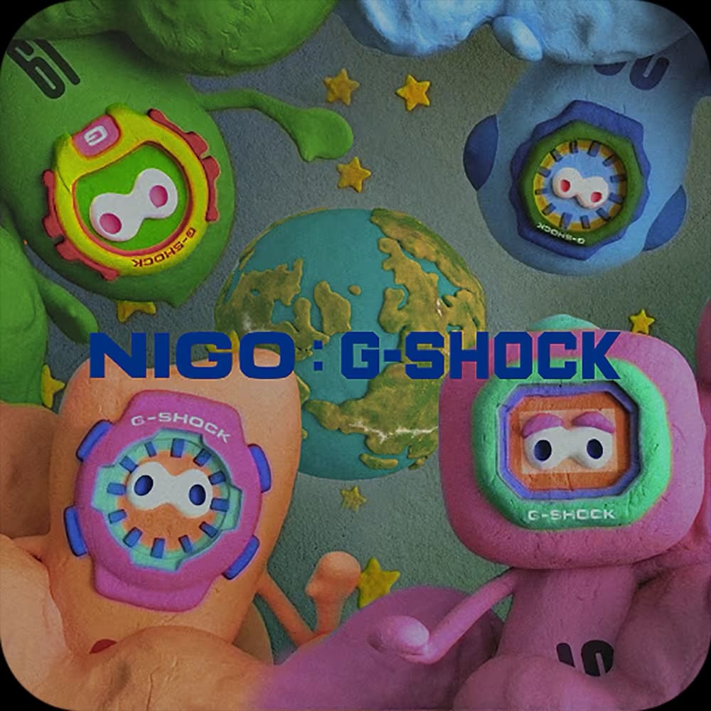 Cuatro personajes de cómic en verde, azul, naranja y rosa, enlace a la página de colaboración de G-SHOCK y NIGO.