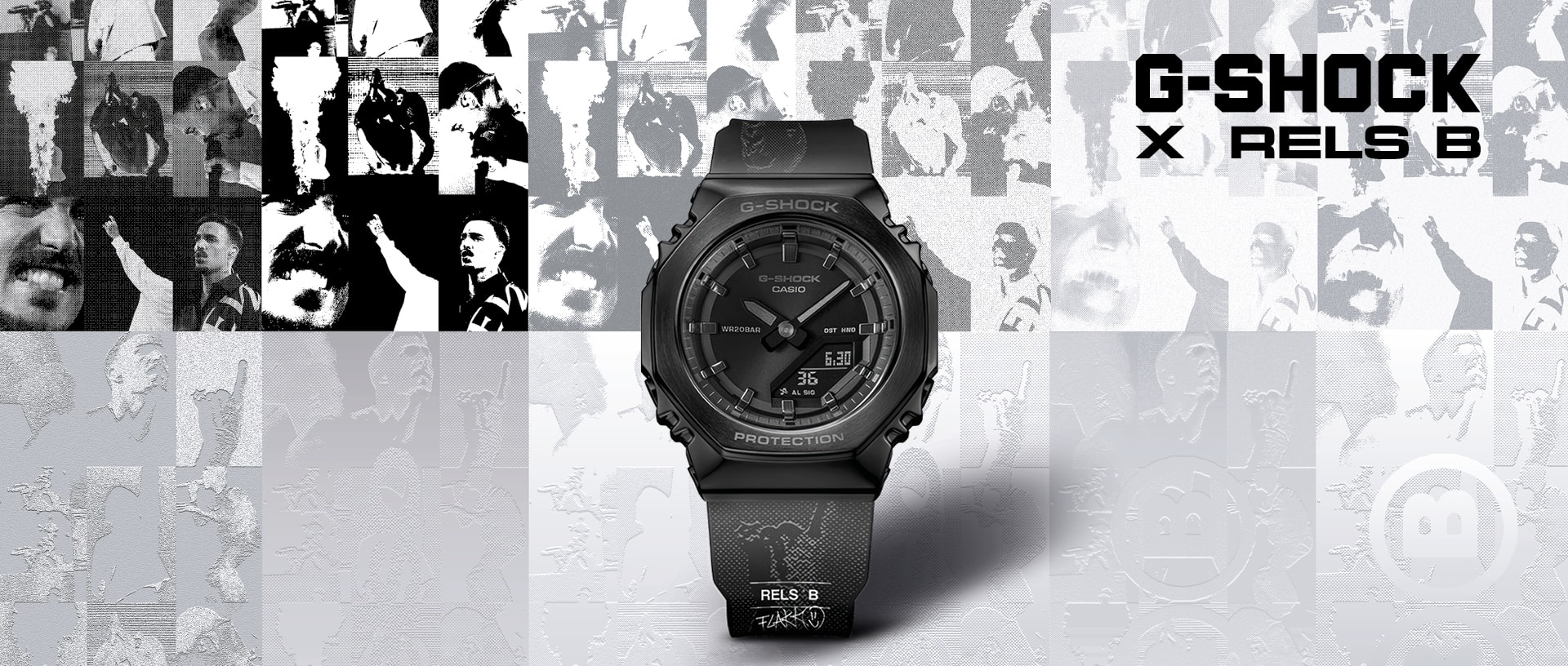Reloj de la colaboración entre G-SHOCK y RELS B, con caja octogonal y correa de resina negra con el logotipo, sobre un collage del artista.