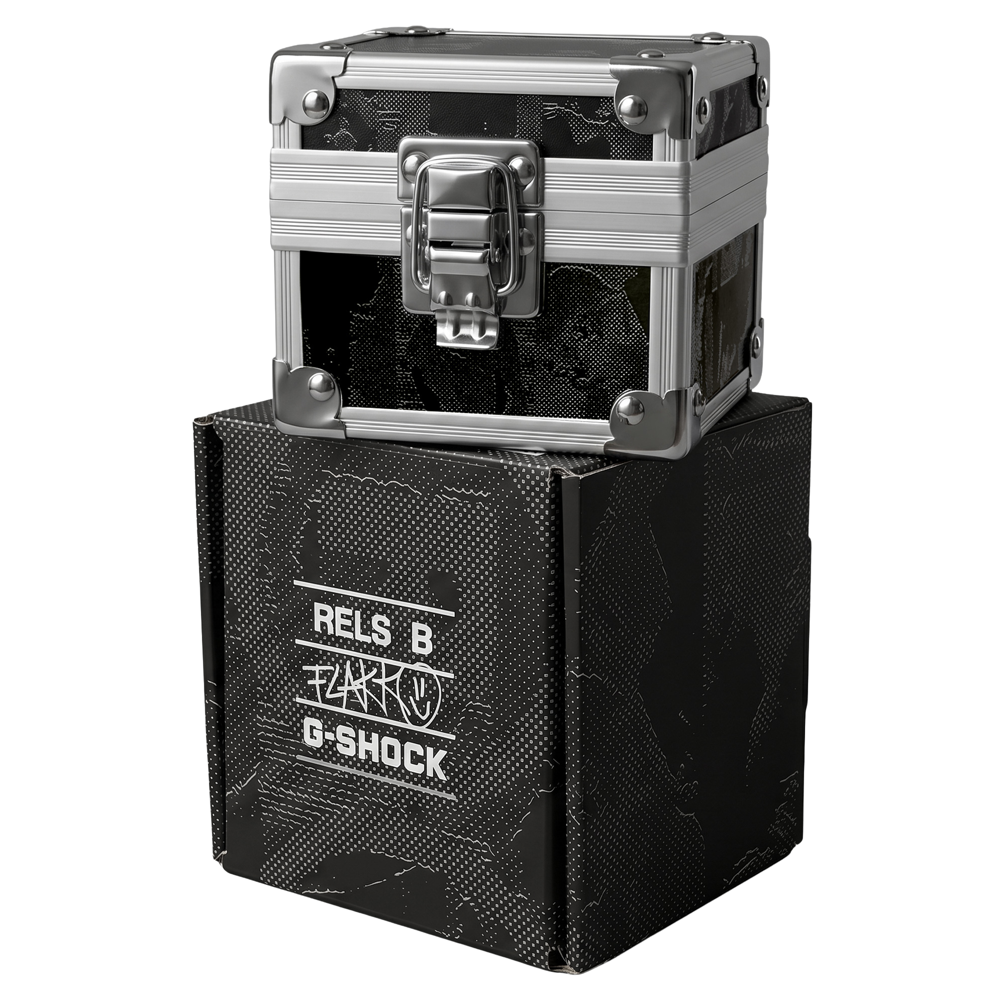 Packaging especial de la edición G-SHOCK x Rels B, con caja metálica diseñada.