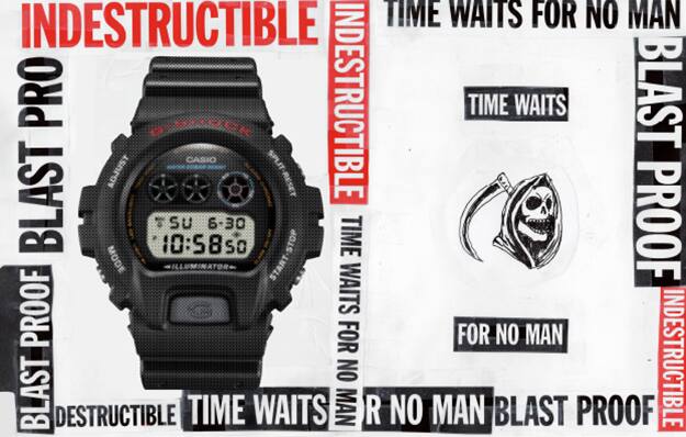 A la izquierda: el reloj digital G-Shock negro DW-6900; a la derecha: un dibujo de una calavera con una guadaña. Alrededor del reloj y del dibujo hay citas parcialmente recortadas, como por ejemplo: «Indestructible», «Blast Proof» y «Time Waits». Las palabras parecen titulares de periódico. La imagen enlaza con la entrevista al creador con Cali DeWitt.