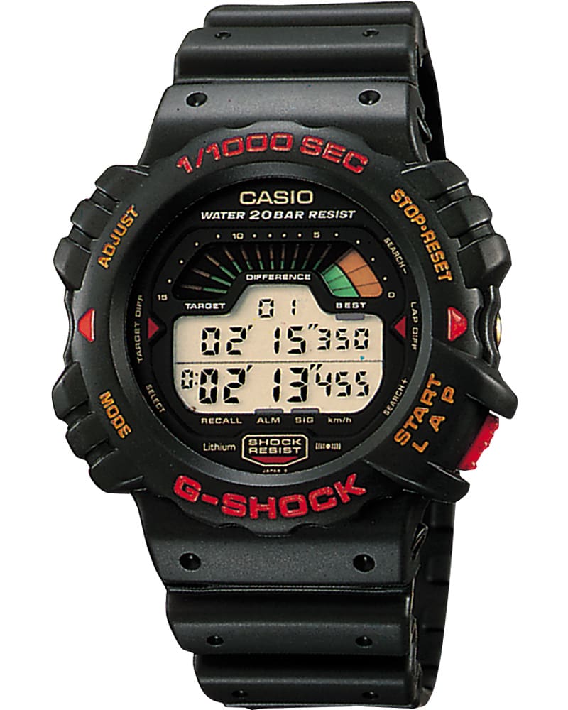 El reloj digital «DW-6000GJ» de G-SHOCK con correa de resina y letras rojas y naranjas en la caja redonda