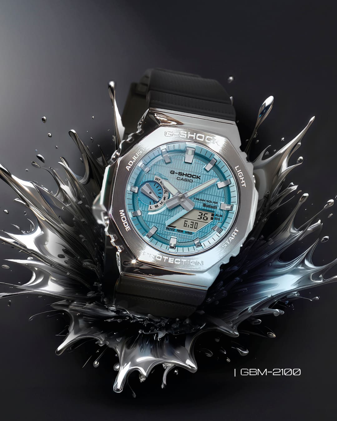 El reloj GBM-2100 de G-SHOCK con bisel azul claro.