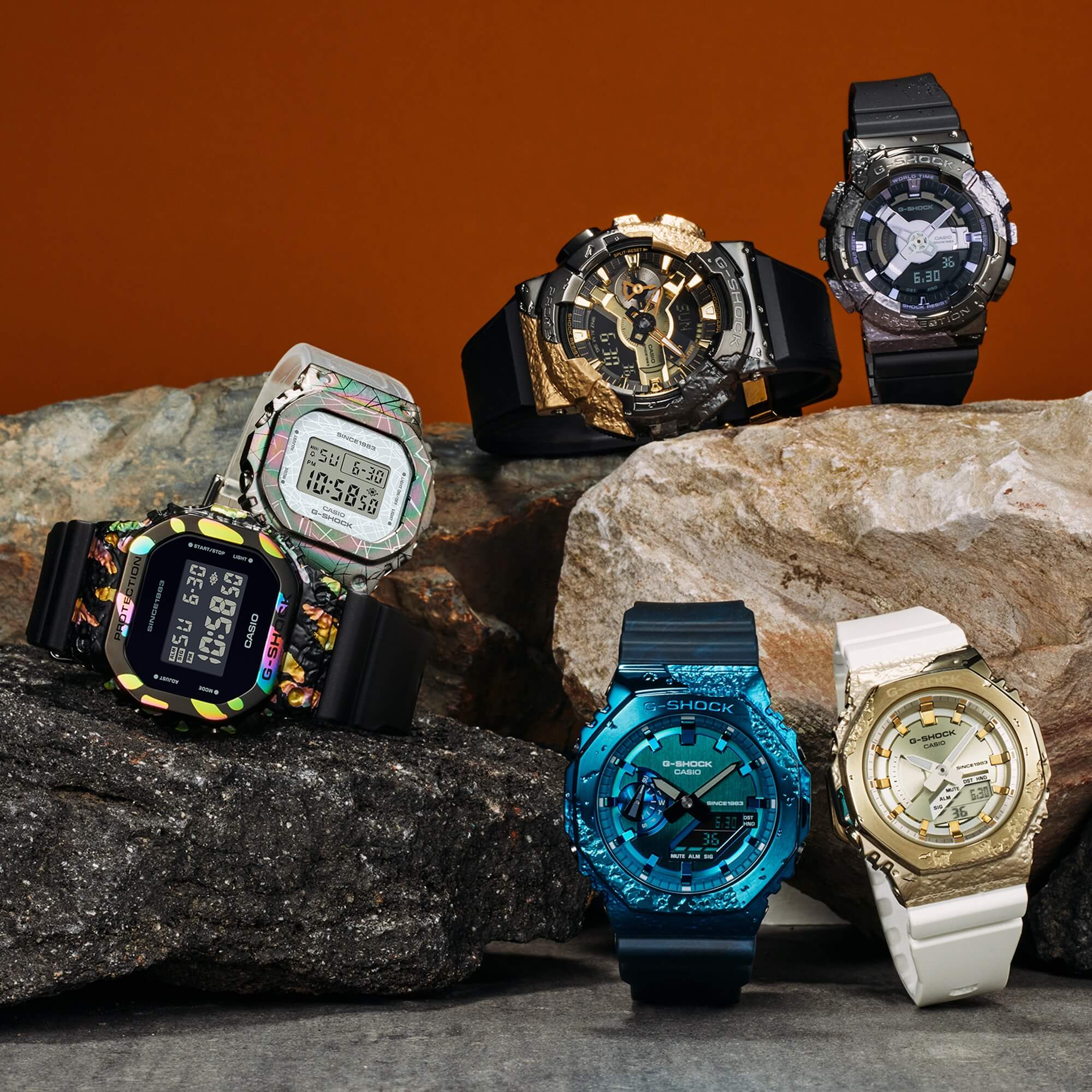 Los seis modelos de reloj de la serie «Adventurer's Stone» de la edición especial del 40º aniversario están engastados con diferentes piedras.