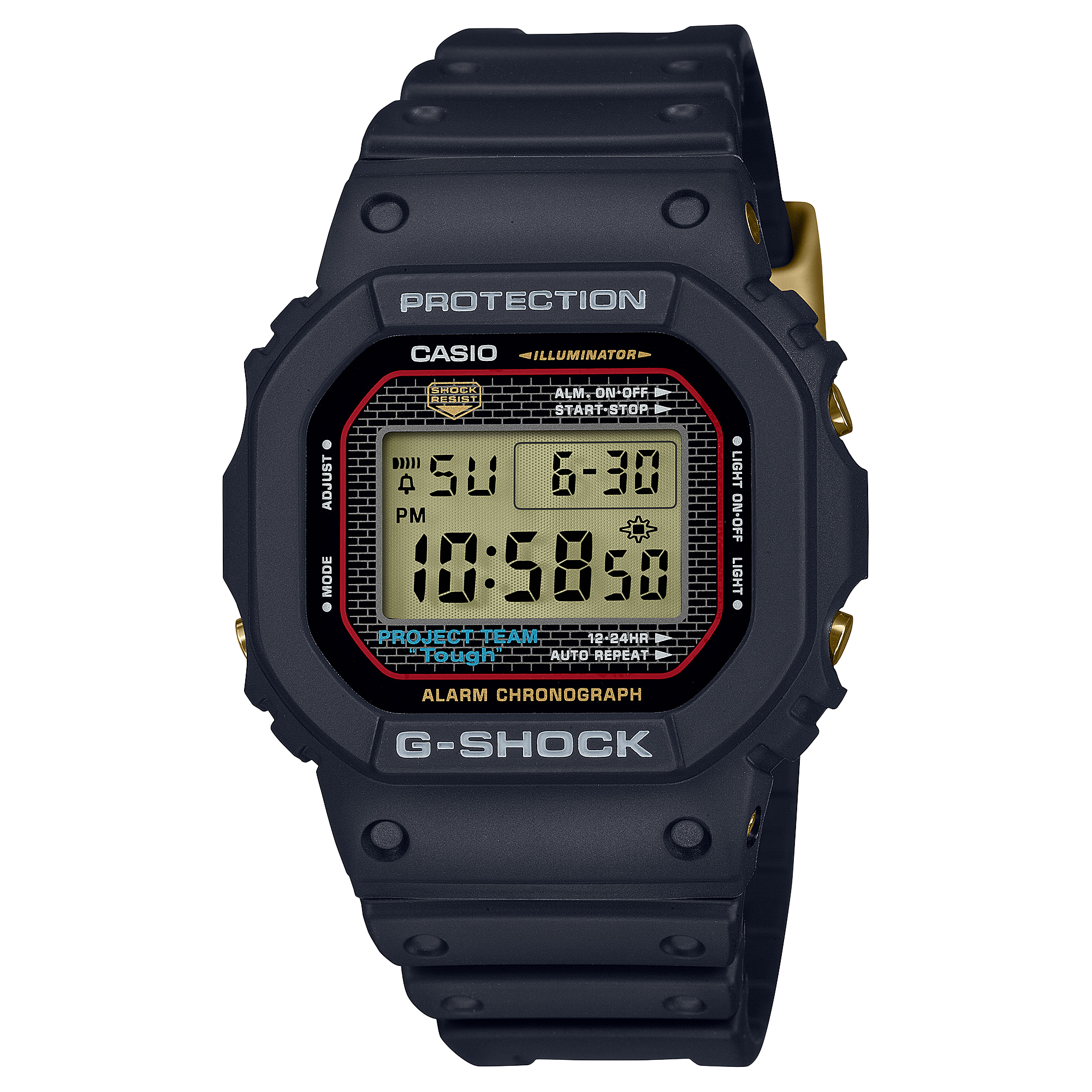 Imagen de producto del reloj digital G-SHOCK DW-5040PG-1 con correa negra y caja rectangular negra y cierre dorado.
