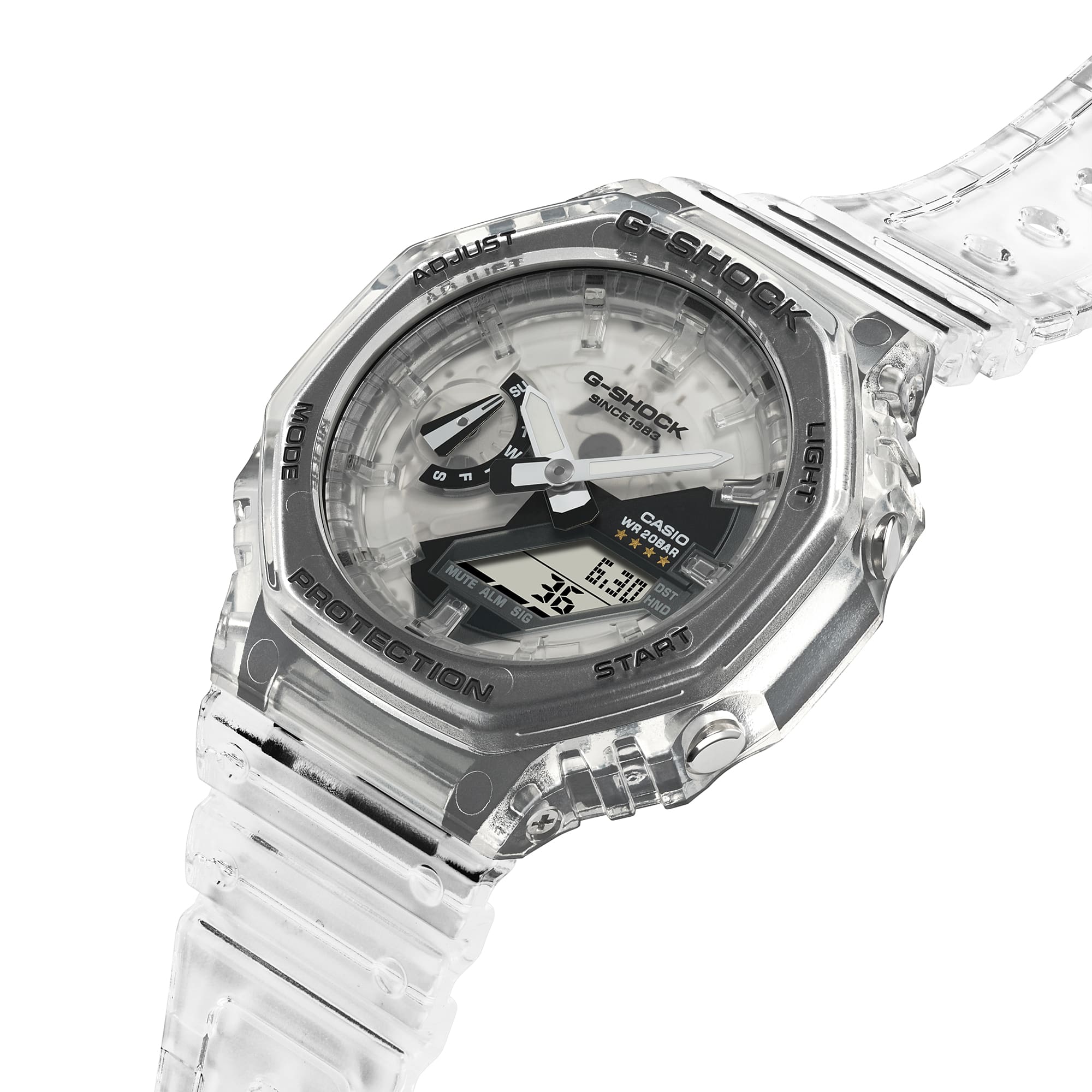 Vista lateral del "ga-2140rx-7a" de la serie Clear Remix de G-SHOCK con caja octogonal, indicador de hora analógico, pequeño indicador de fecha digital y correa transparente.