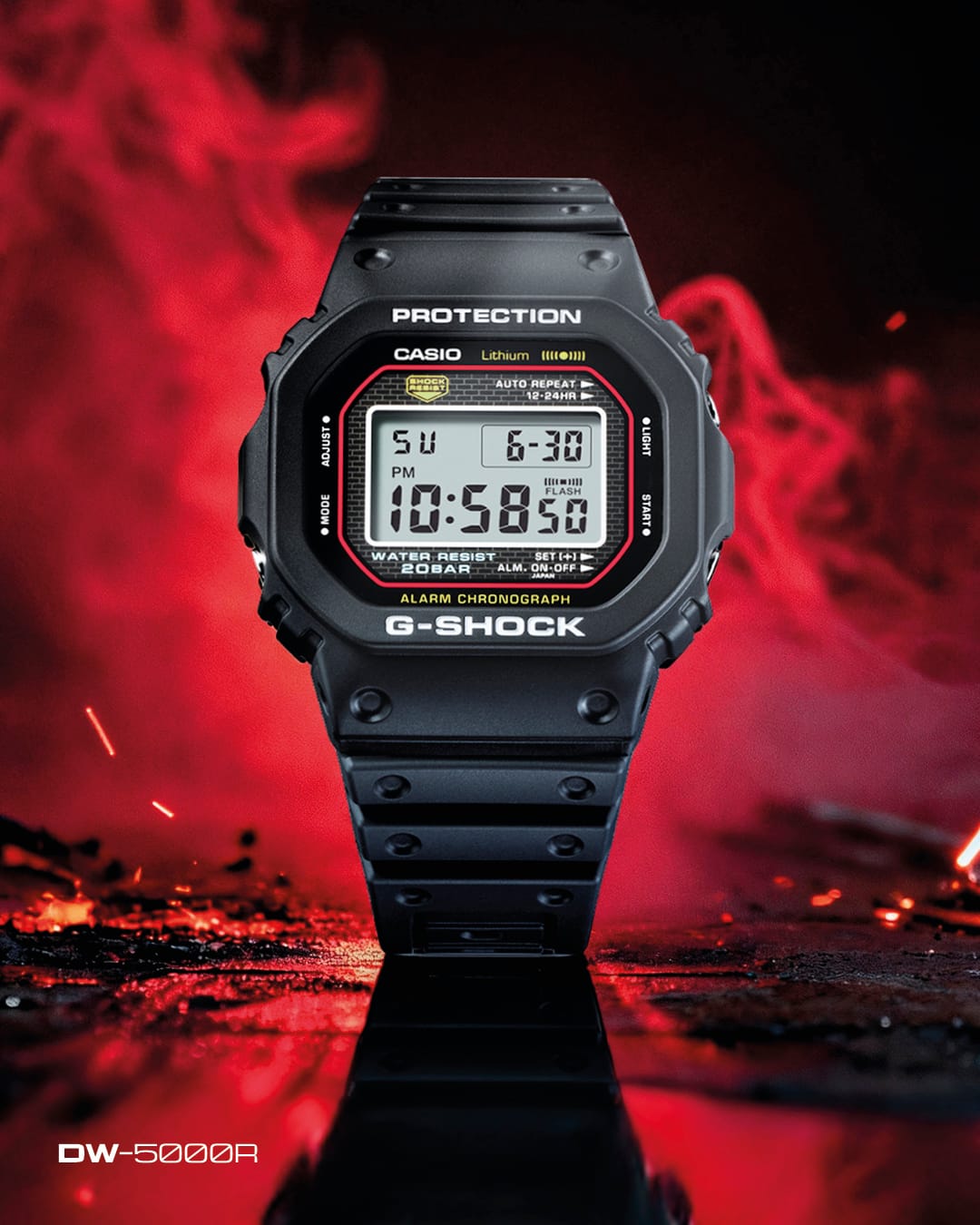 El DW-5000R está rodeado de formaciones rocosas brillantes similares a la lava.