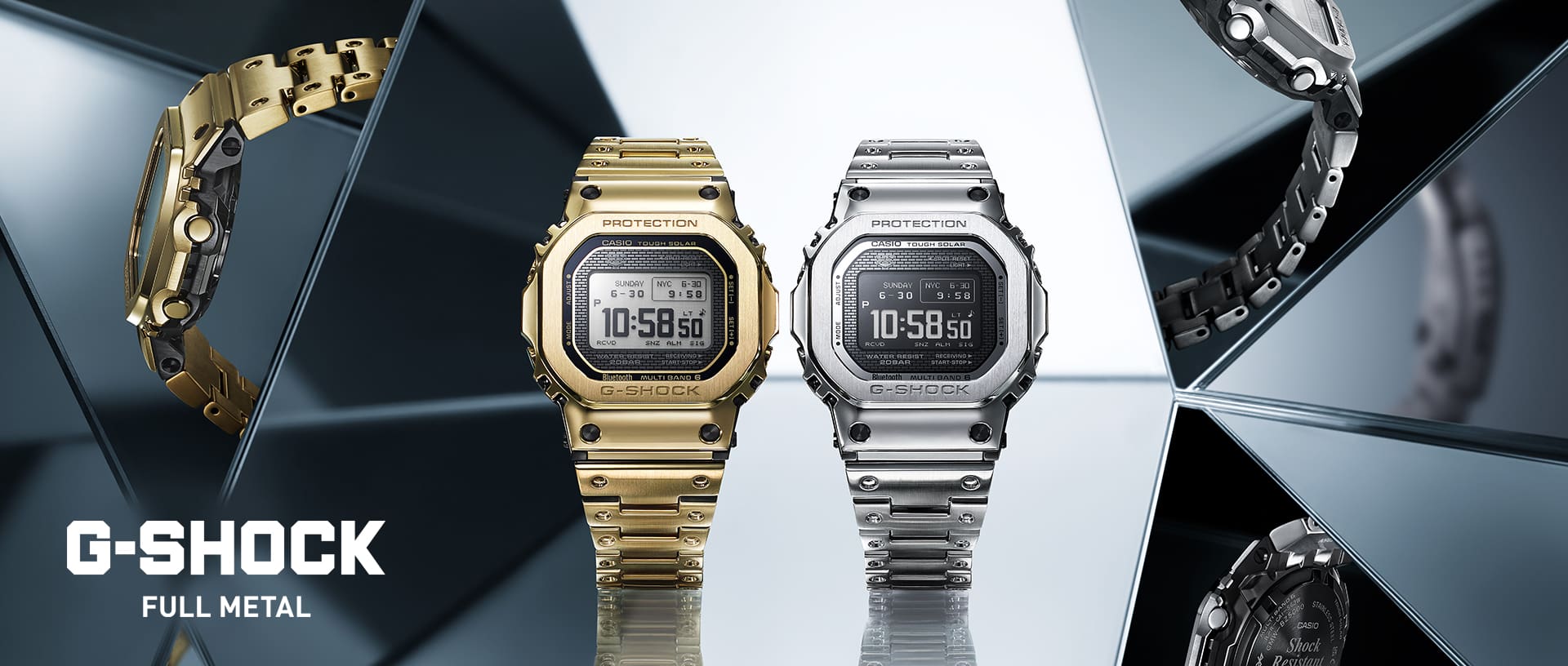 Dos relojes G-Shock full-metal GMW-BZ5000 en oro y plata frente a un salón de espejos