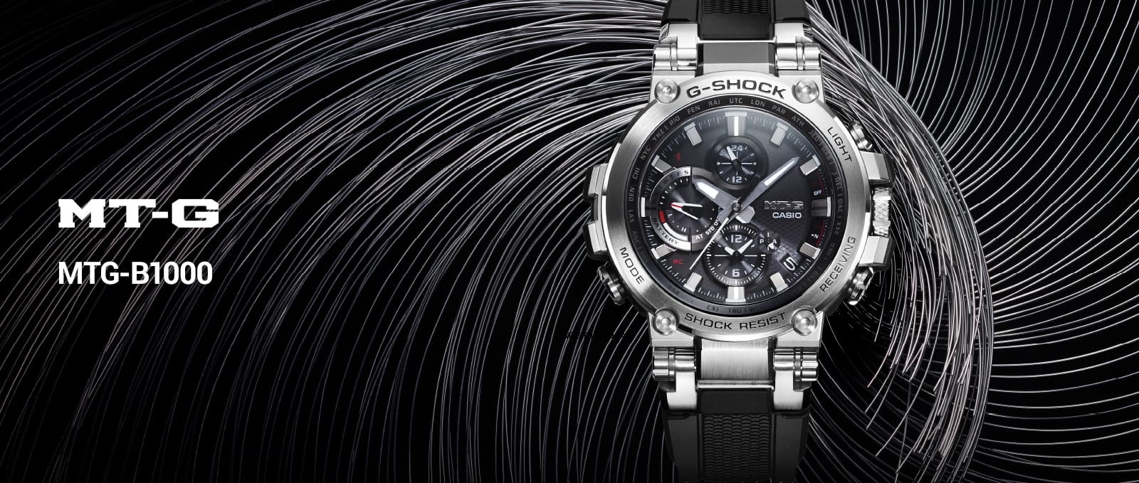 El cronógrafo G-SHOCK MTG-B1000 con caja redonda de metal y correa de resina negra sobre un fondo ondulado negro y plateado