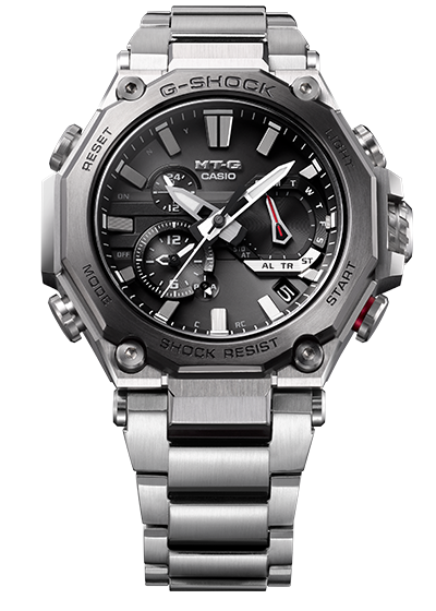 Reloj de pulsera MTG-B2000BD-1A4 con brazalete de metal oscuro y bisel octogonal plateado