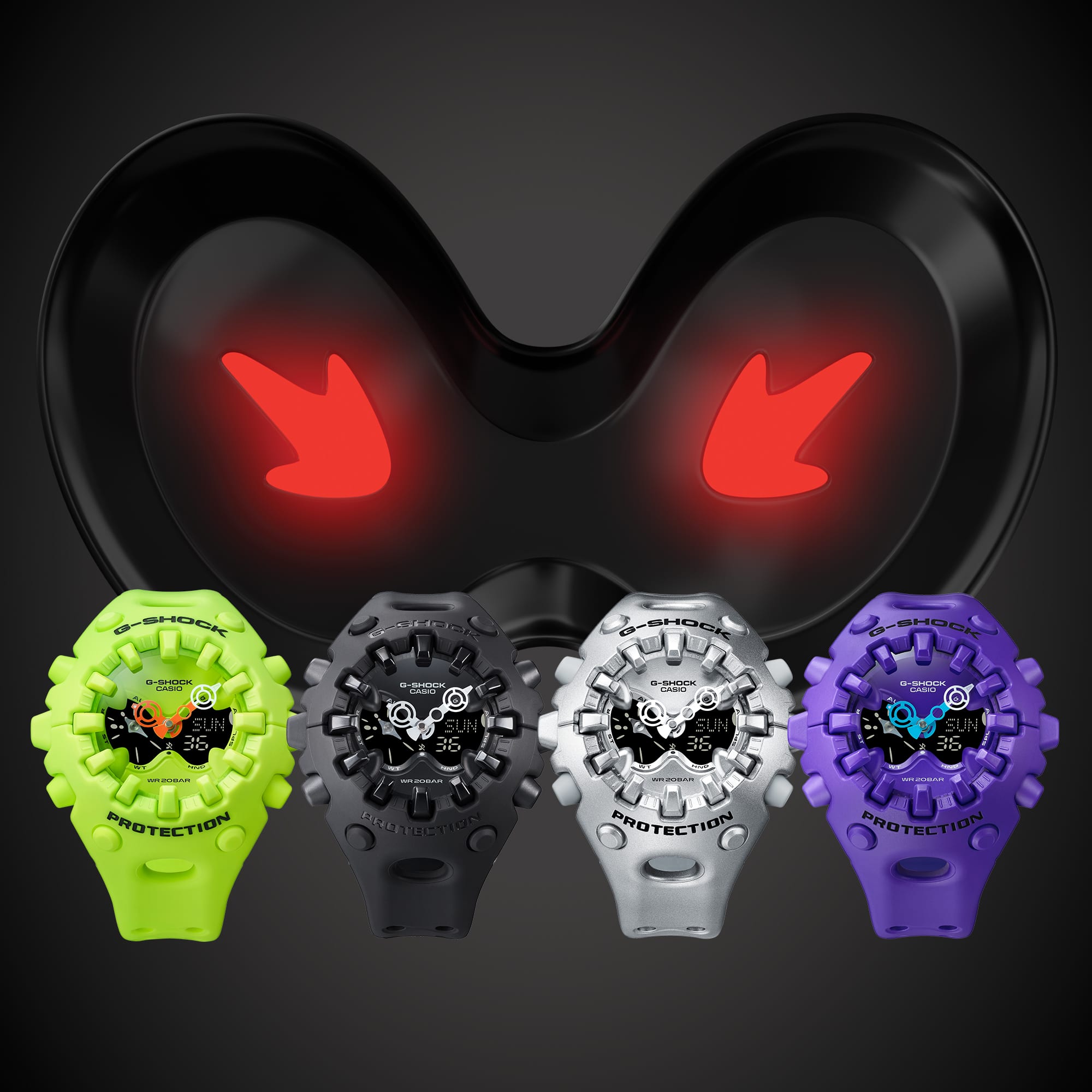 The GA-V01 series from CASIO in four different colours with red eyes in the background.