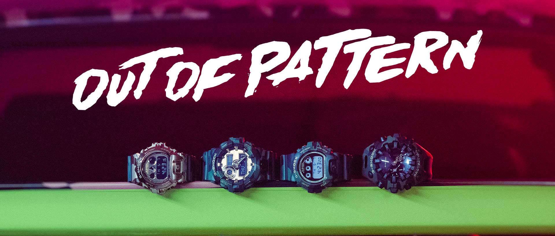 Four G-SHOCK watches from the camouflage series with camouflage patterns on the strap and bezel. Above them is the inscription "Out of pattern"; link to the "out of pattern" landing page.