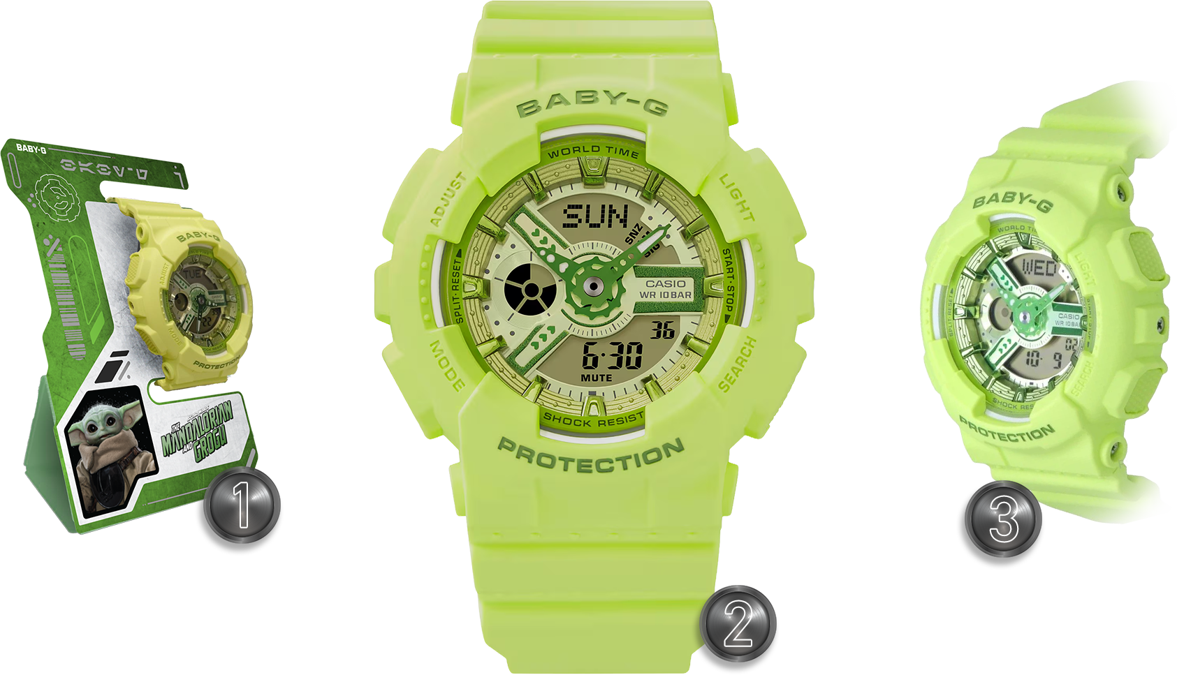 Three images of the digital/analog wristwatch BA-110YK-3A-MAN with a lightgreen resin band.