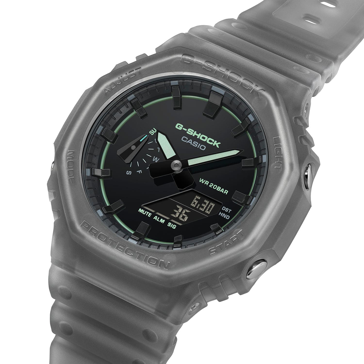 Slight side view of the octagonal case and silver-coloured control buttons of the G-Shock GA-2100K-1A hybrid watch