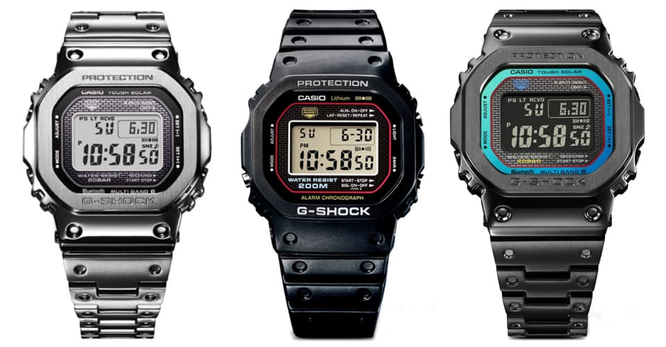 Three G-Shock 5000 Series watches: a silver-colored metal watch, the black resin watch and a darkgrey metalwatch with a negative display