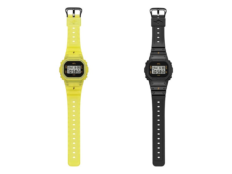 The G-SHOCK wristwatch in collaboration with J Balvin in bright yellow, to the right is the digital watch with a black interchangeable strap and case