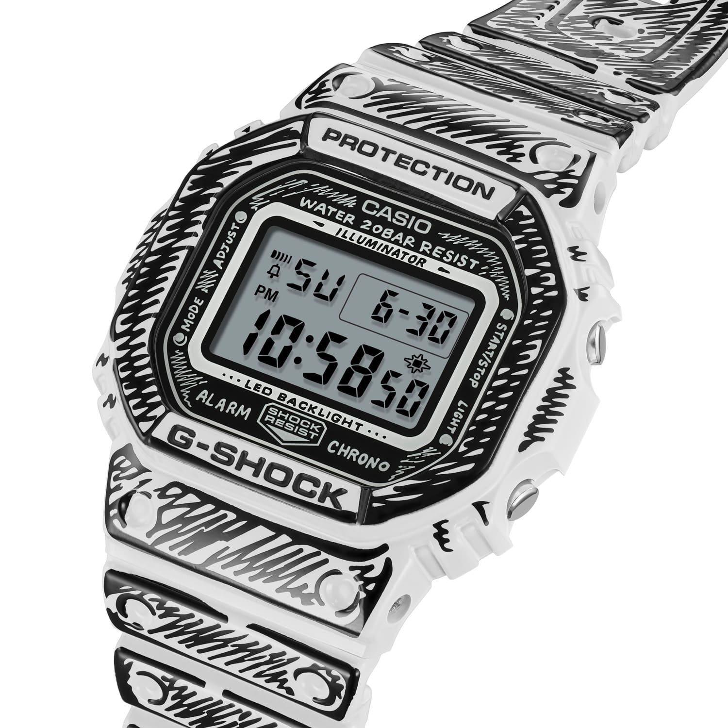 The rectangular DW-5600JV-7 digital watch in white with black hatching.