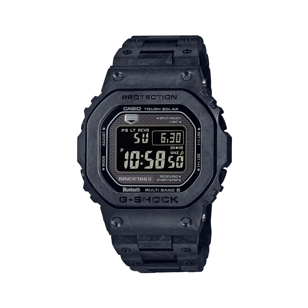 The G-SHOCK GCW-B5000 in black, with a digital display, rectangular stainless steel case and metal bracelet.