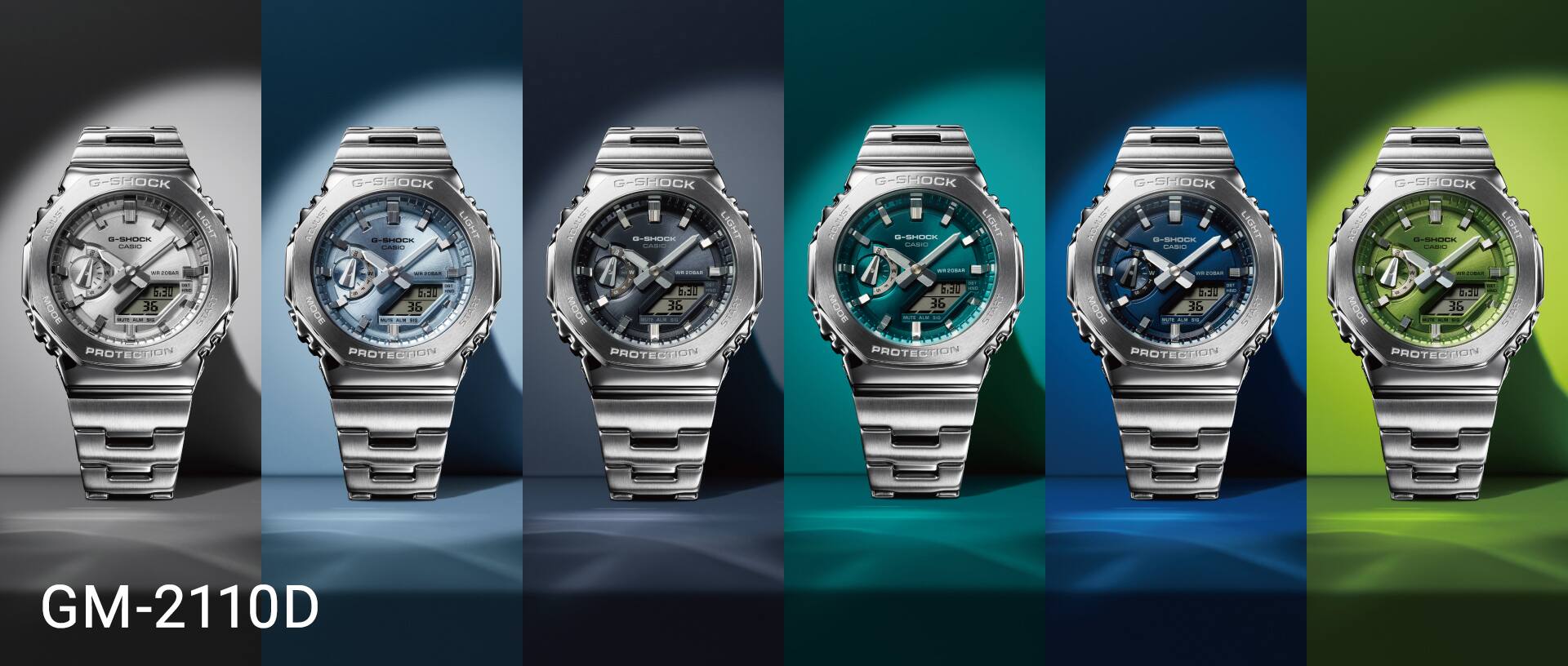 The product range of GM-2110D metalwatches with silver-colored steelband and silver, lightblue, greyblue, turqoise, darkblue or green analog display