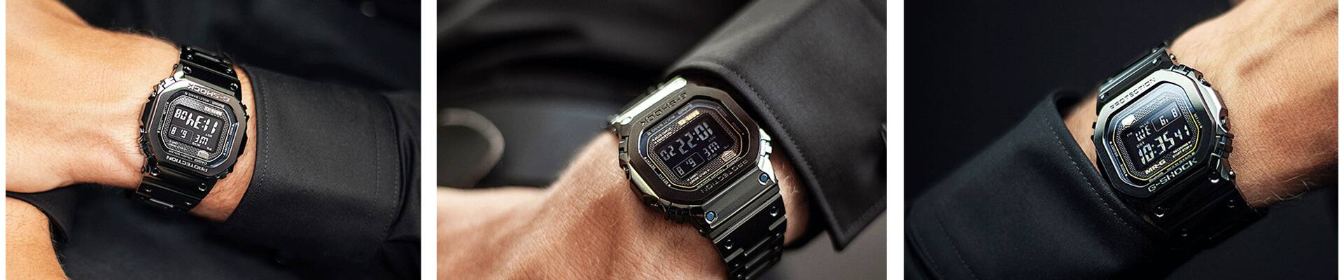 Three pictures of the MRG-B5000 wristwatch in black with rectangular case on a man's wrist.