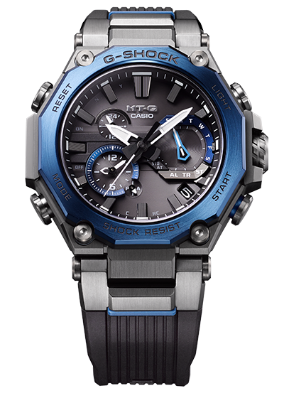 Wristwatch MTG-B2000BD-1A4 with dark metal bracelet and octagonal blue bezel