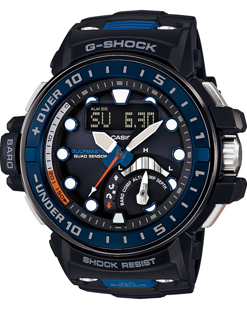 La montre GWN-Q1000 avec affichage analogique de l'heure ainsi qu'un petit affichage numérique de la date dans le boîtier avec un contour bleu et des détails orange. 