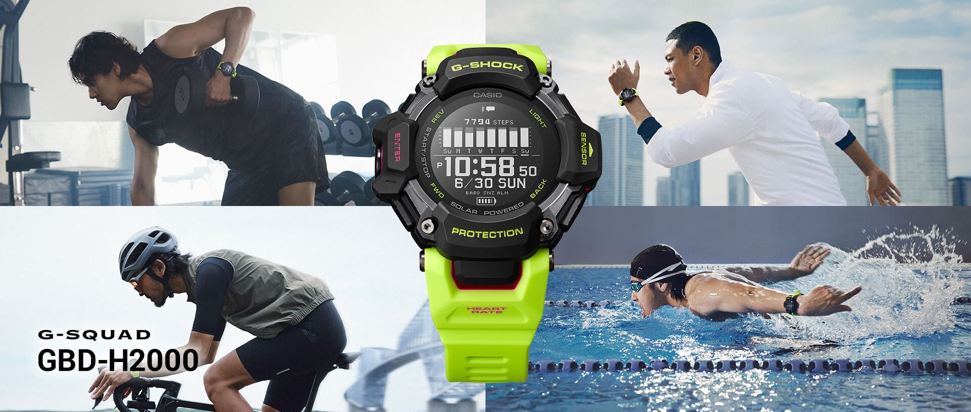 La montre de sport « GBD-H2000 » de G-SHOCK avec un bracelet en résine jaune fluo, un affichage numérique rond et un boîtier noir. En arrière-plan, quatre personnes sont représentées dans différentes situations sportives.