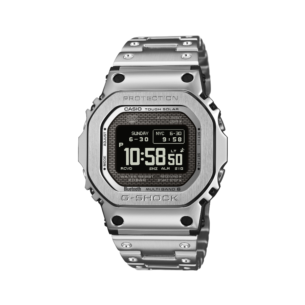 La G-SHOCK GMW-BZ5000, entièrement en métal, avec écran LCD MIP haute résolution et boîtier rectangulaire.