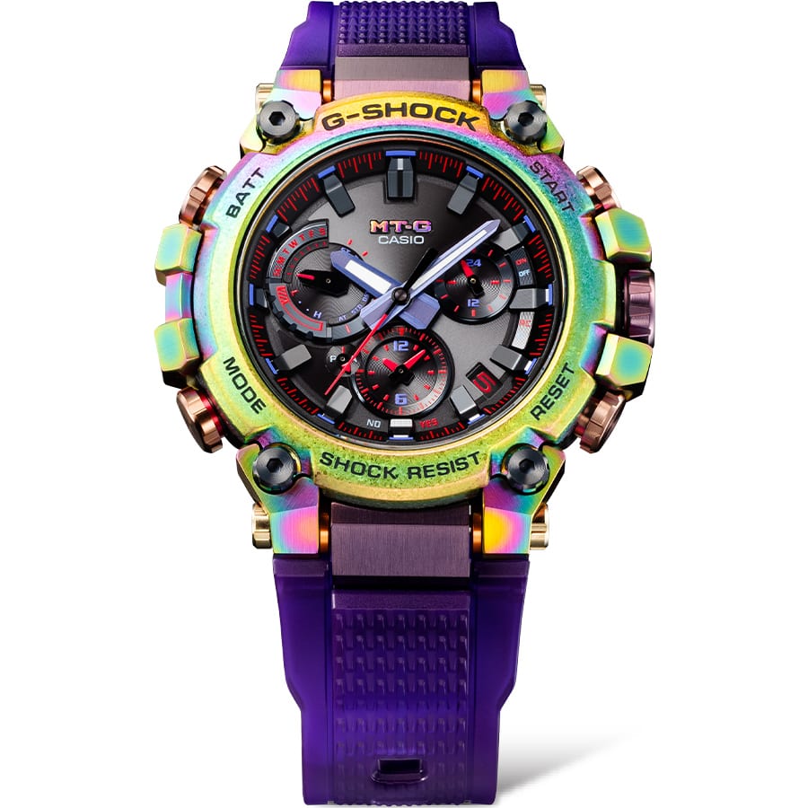 La MTG-B3000 avec boîtier métallique multicolore et bracelet en résine violet