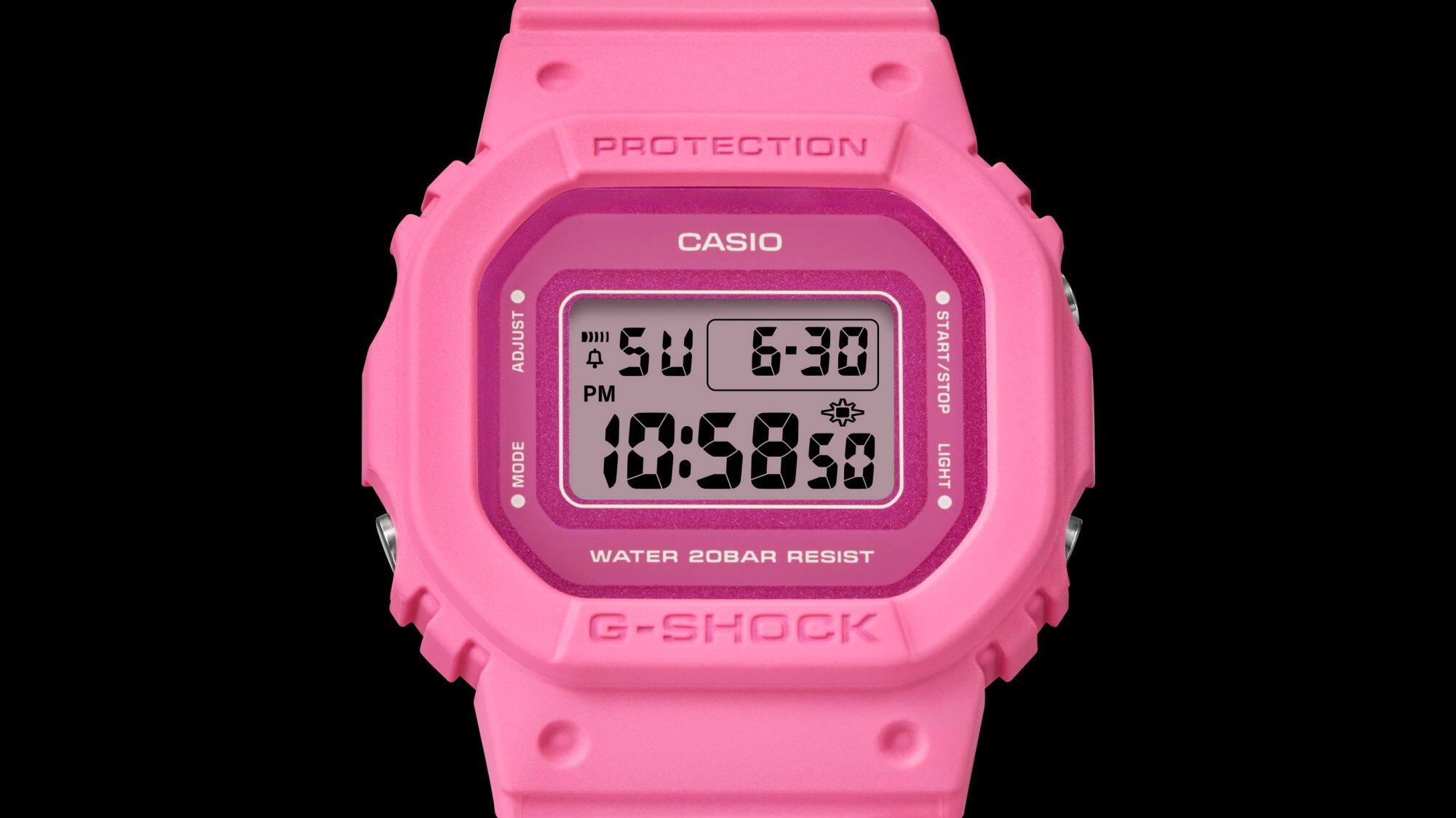 Photo de la montre GMD-S5610PP rose et de son écran numérique et rectangulaire. 