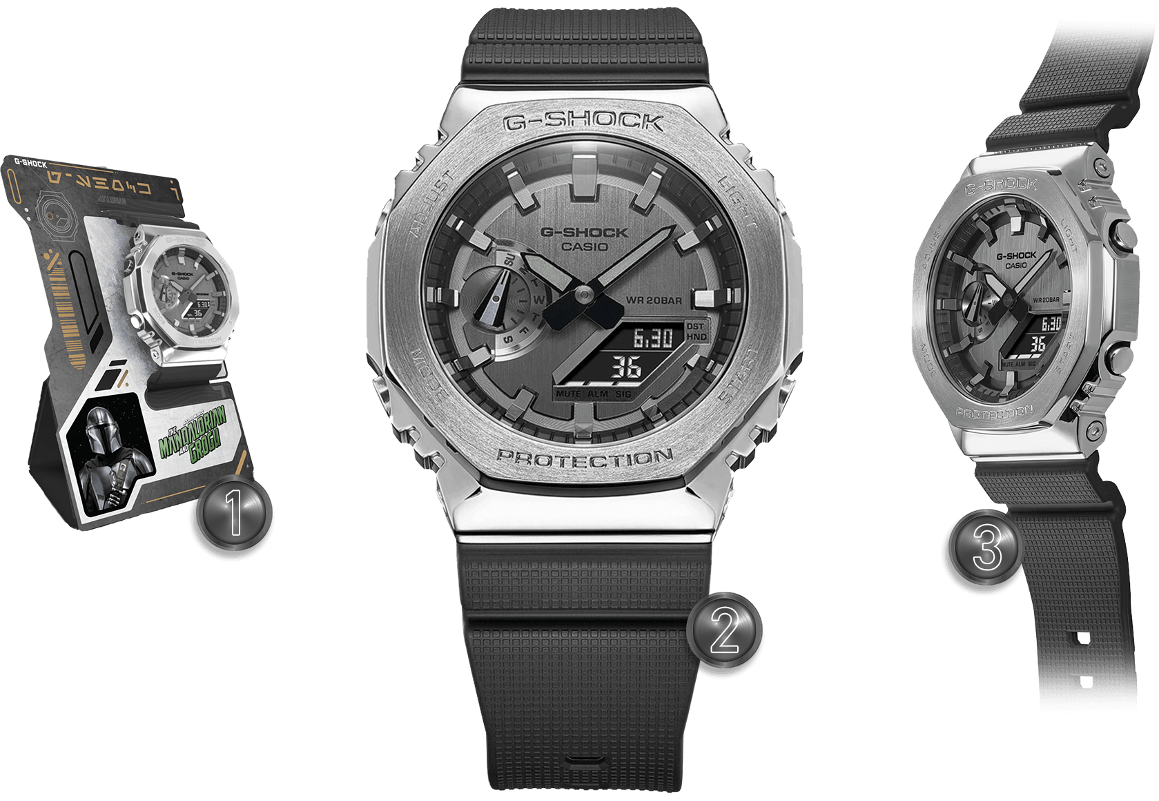 Tre diverse viste dell'orologio G-SHOCK con cassa in metallo GM-21000-1AER-MAN e cinturino in resina nera.