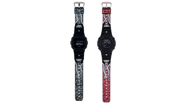 Due orologi piatti della collaborazione con Octopus affiancati da una cassa ottagonale nera e da un cinturino in resina a fantasia bianca e nera o rossa e bianca.