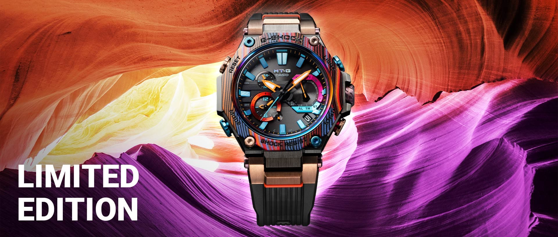 Modelli G-Shock Limited: il modello MTG-B2000XMG-1A su uno sfondo colorato