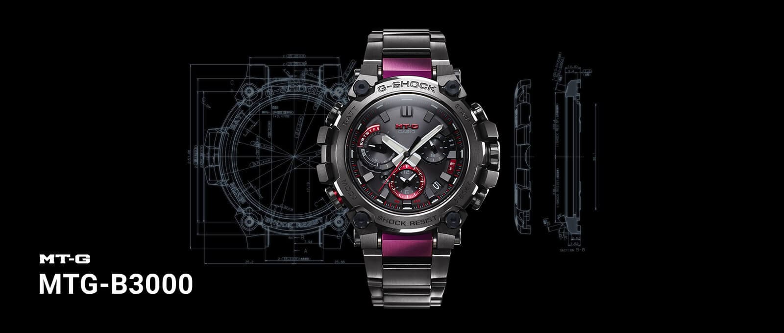 Il modello MT-G “MTG-B3000” con cinturino in metallo grigio e dettagli rosa, display analogico e cassa solida e rotonda.