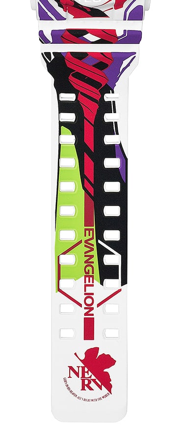 Cinturino con dettagli in rosso, verde e viola e il logo Evangelion stampato.