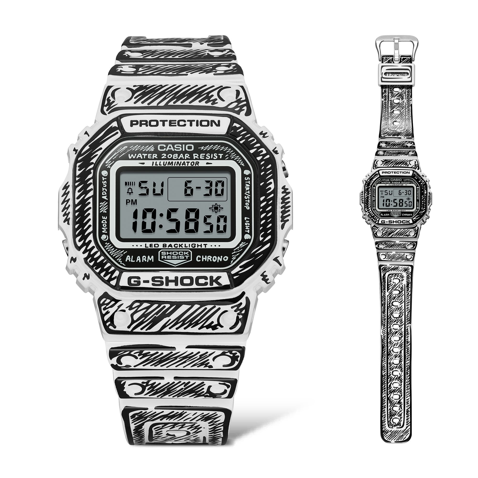 La vista frontale e laterale dell'orologio digitale G-SHOCK DW-5600JV-7 bianco con scarabocchi neri in stile fumetto.