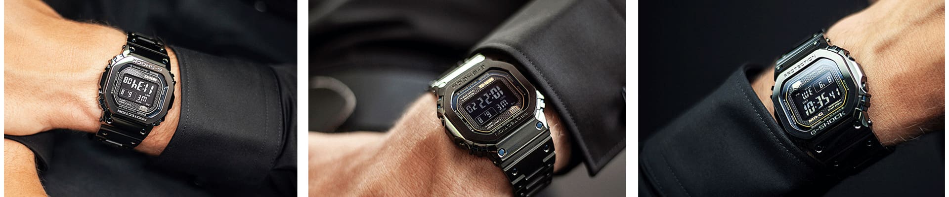 Tre immagini dell'orologio da polso MRG-B5000 in nero con cassa rettangolare al polso di un uomo.