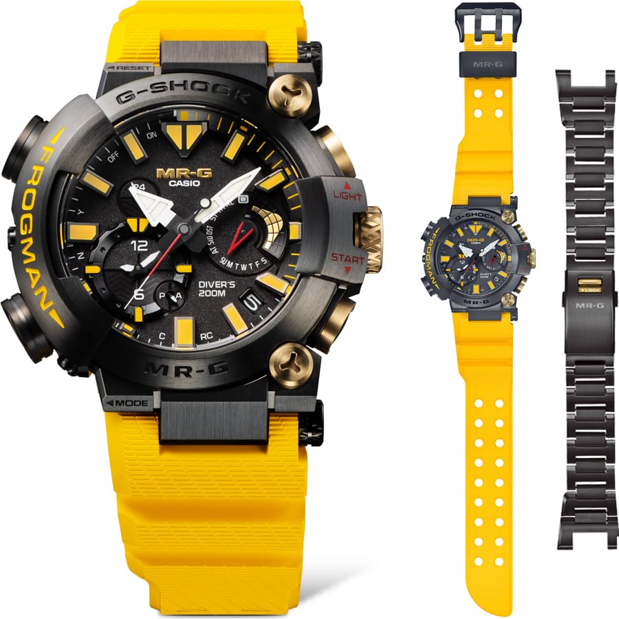 Immagini del prodotto MRG-BF1000E-1A9 con cinturino giallo e lunetta in metallo, una volta ripiegato, accanto a quello con il cinturino metallico aggiuntivo.
