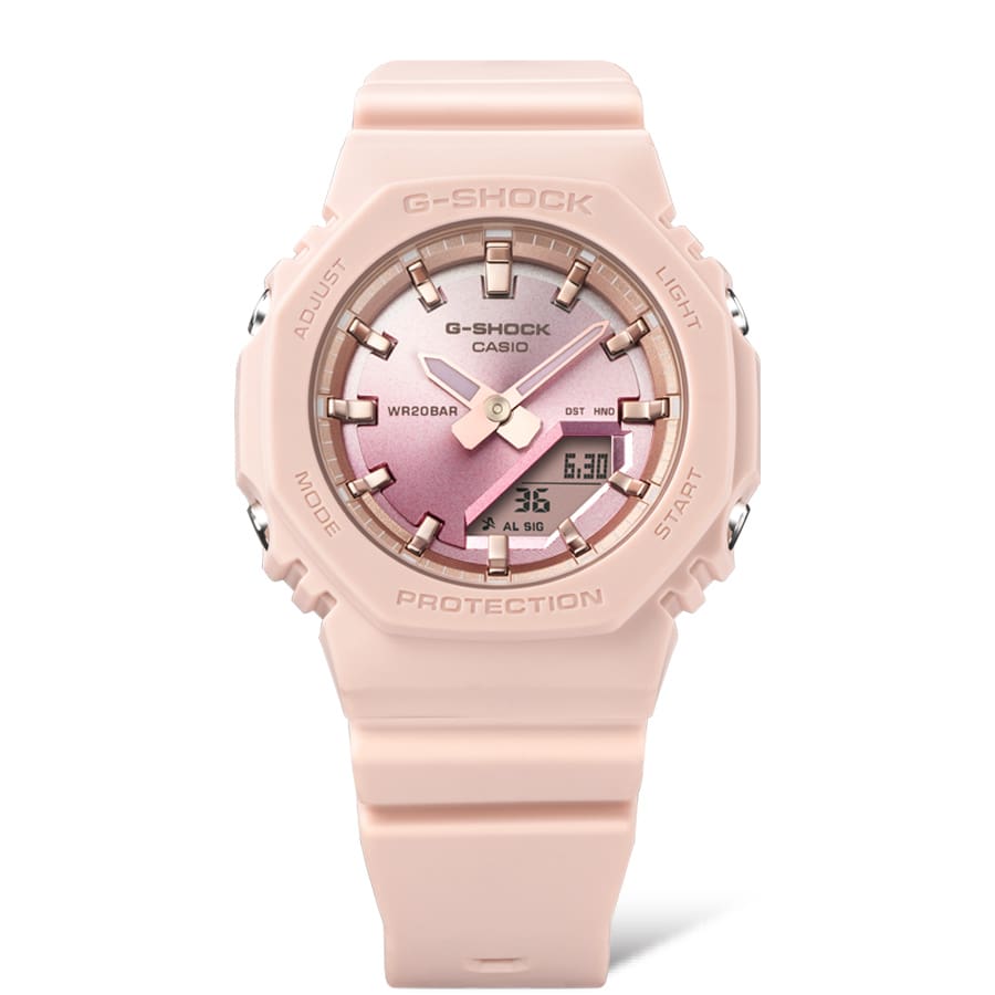 Il G-SHOCK GMA-P2100SG-4A/AB in rosa su sfondo bianco.