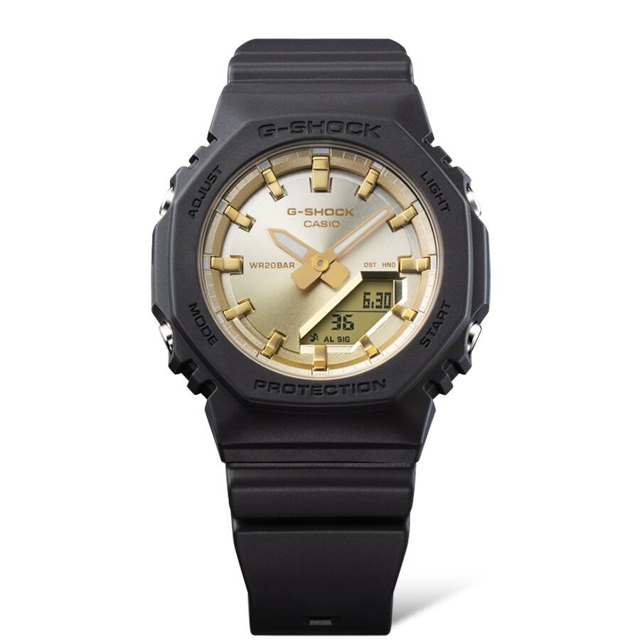 Il CASIO GMA-P2100SG-1A della serie G-SHOCK in grigio scuro con quadrante dorato.