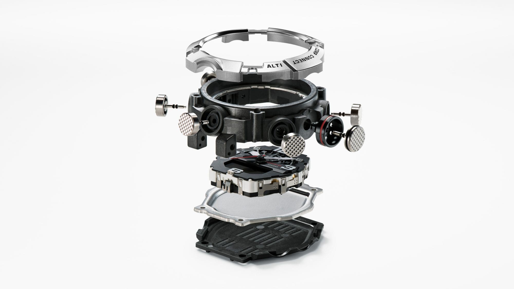 Disassembled parts images showing the impact-resistant, dustproof, and mud-resistant construction utilizing carbon materials