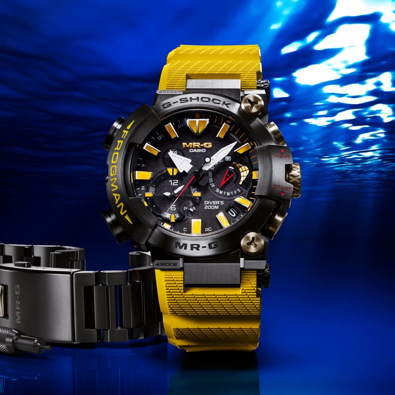 G-SHOCK MRGBF1000E-1A9 FROGMAN black analog watch with yellow band