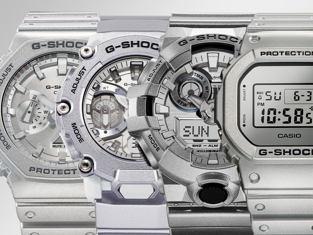 Collection of G-SHOCK Forgotten Future GA-2100FF-8A, GA-2200FF-8A, GA-700FF-8A, and DW-5600FF-8 Silver watches Collection of G-SHOCK Forgotten Future GA-2100FF-8A, GA-2200FF-8A, GA-700FF-8A, and DW-5600FF-8 Silver watches