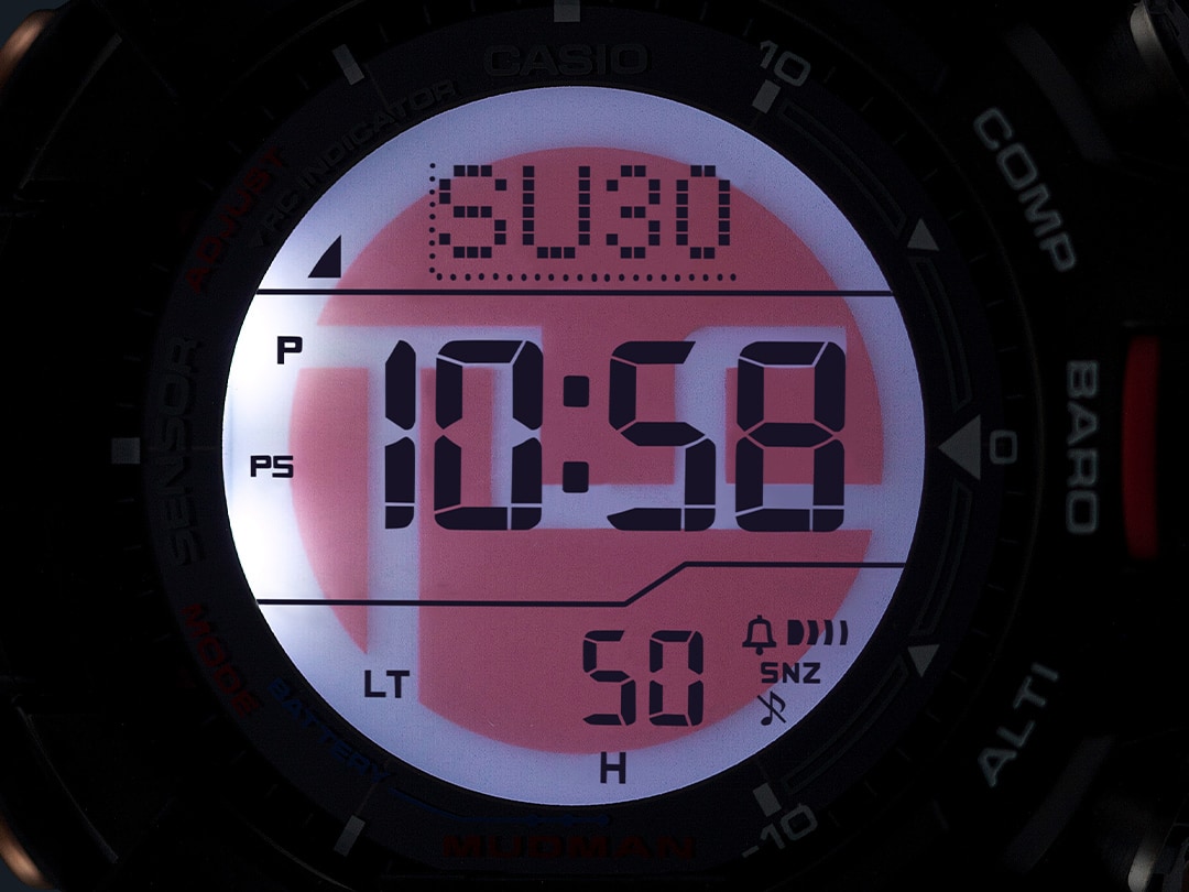 Super Illuminator (retroiluminación LED de alto brillo completamente automática) para mantener la legibilidad del reloj en la oscuridad