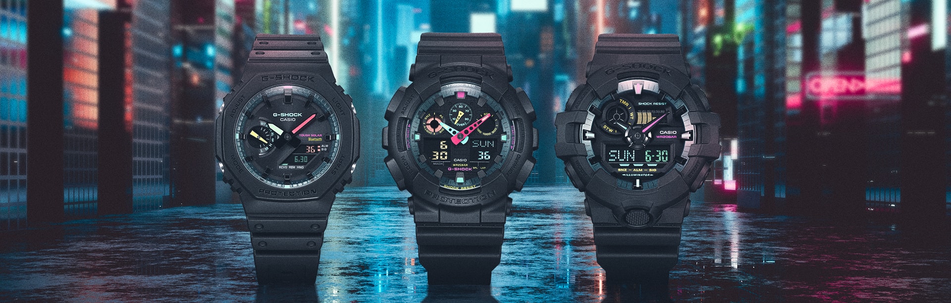 Multi Fluorescent series watches with dark city lights background