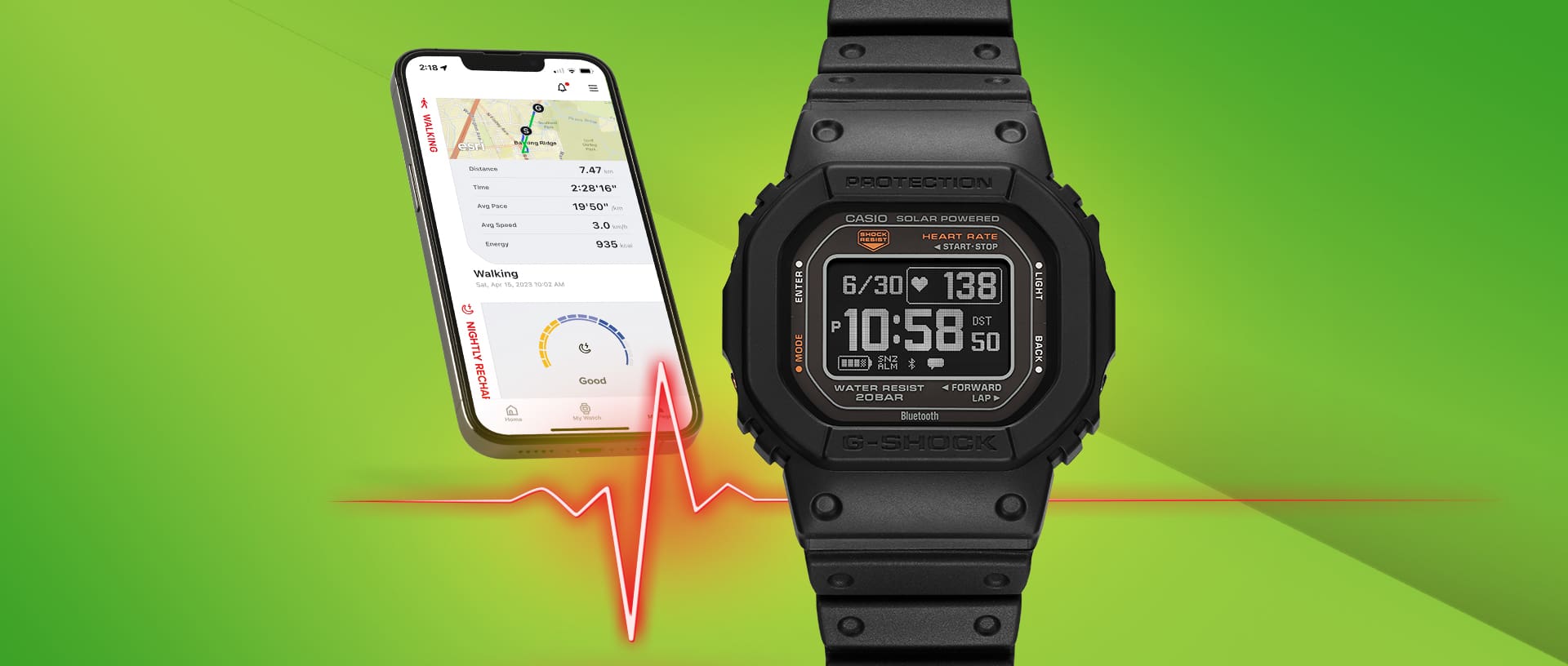 Heart Rate monitor watch DWH5600 displayed on a bright green background and a heart rate pulse line graphic, also shows a smartwatch showing the app screen.