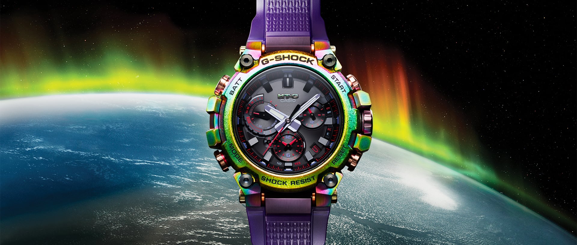 G-SHOCK Analog MTG-B3000PRG Iridescent watch with purple band