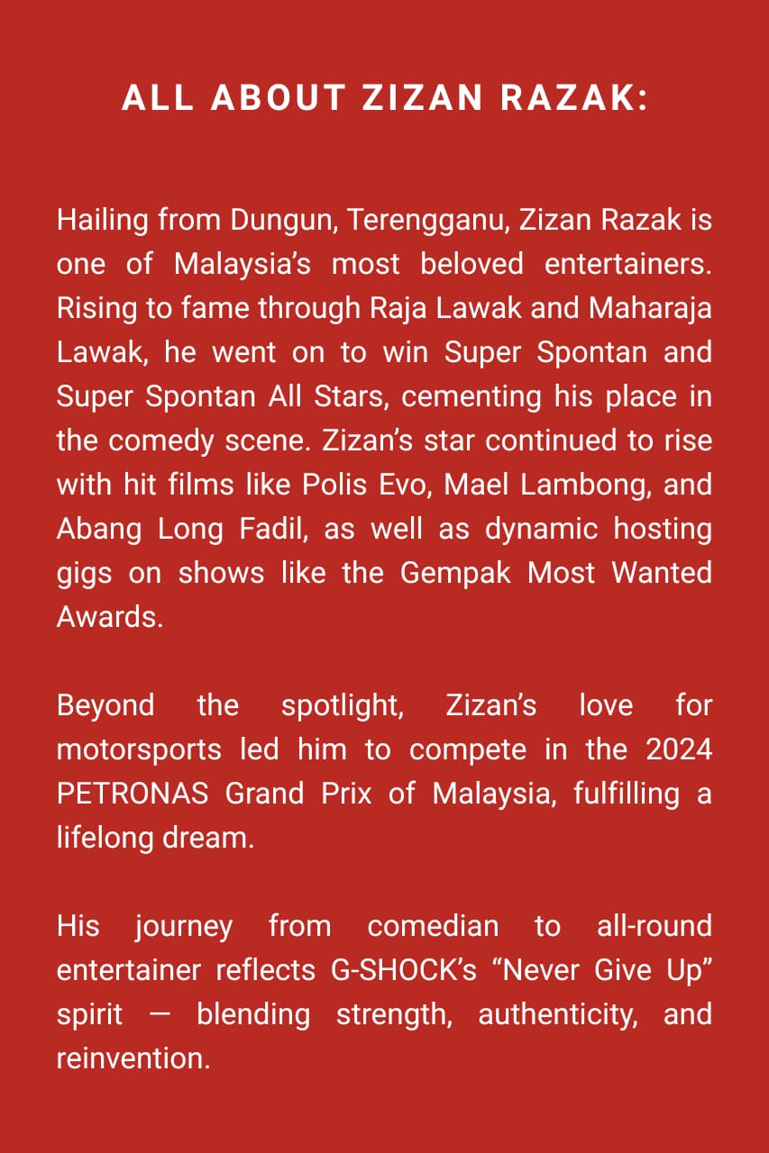 Hailing from Dungun, Terengganu, Zizan Razak is one of Malaysia’s most beloved entertainers. Rising to fame through Raja Lawak and Maharaja Lawak, he went on to win Super Spontan and Super Spontan All Stars, cementing his place in the comedy scene. - 1 Hailing from Dungun, Terengganu, Zizan Razak is one of Malaysia’s most beloved entertainers. Rising to fame through Raja Lawak and Maharaja Lawak, he went on to win Super Spontan and Super Spontan All Stars, cementing his place in the comedy scene. - 1