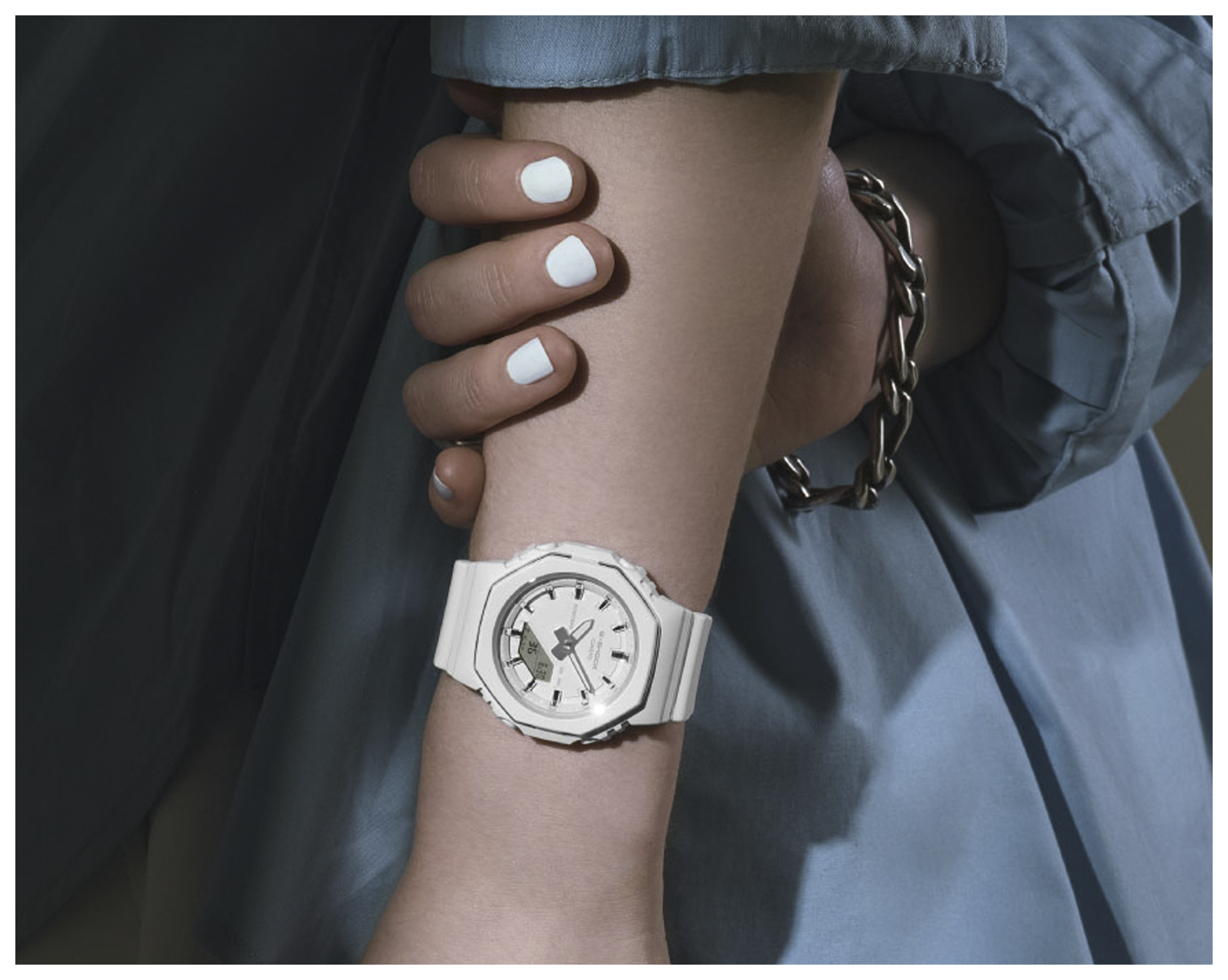 Close-up image of a woman wearing GMA-P2110-7A.