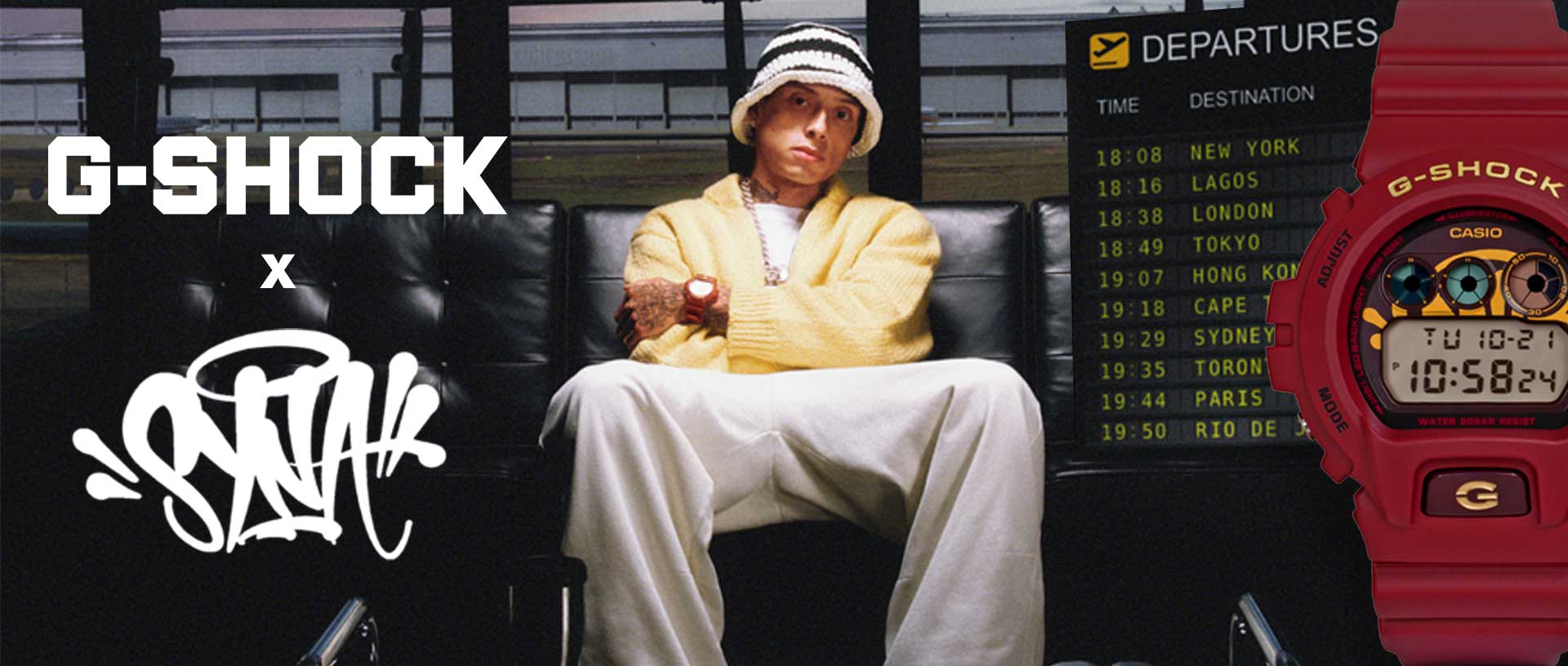 Links de rapper Central Cee in een hoodie met een zwart G-SHOCK digitaal horloge om zijn pols, rechts de GA-2100BM-7A2 met een transparant polshorloge met een lichtblauw, analoog display