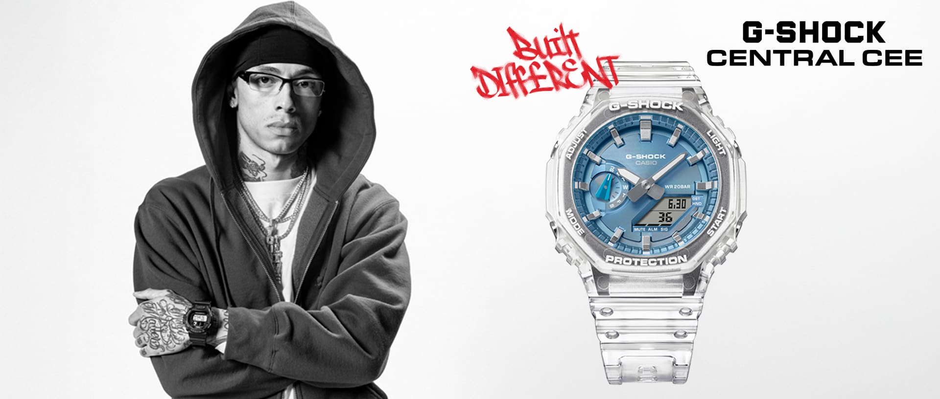 Links de rapper Central Cee in een hoodie met een zwart G-SHOCK digitaal horloge om zijn pols, rechts de GA-2100BM-7A2 met een transparant polshorloge met een lichtblauw, analoog display